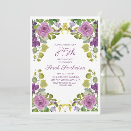 パープルエレガントフローラグリーンつる植物85誕生日 招待状 (スタンド正面)