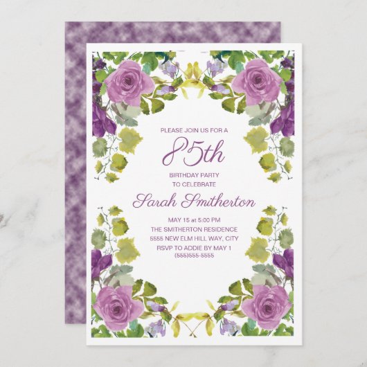 パープルエレガントフローラグリーンつる植物85誕生日 招待状 (正面/裏面)