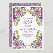 パープルエレガントフローラグリーンつる植物95誕生日 招待状 (正面/裏面)