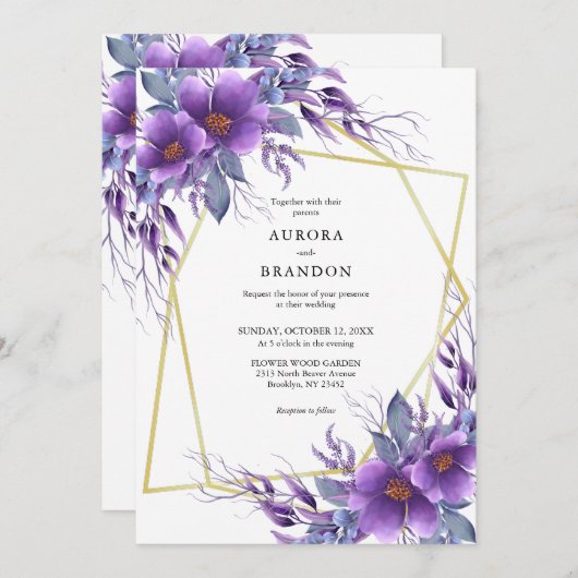 パープルエレガントフローラゴールデンジオメト結婚リ 招待状 (正面/裏面)