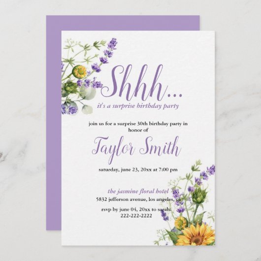 パープルエレガントフローラサプライズパーティー招待状 招待状 (正面/裏面)