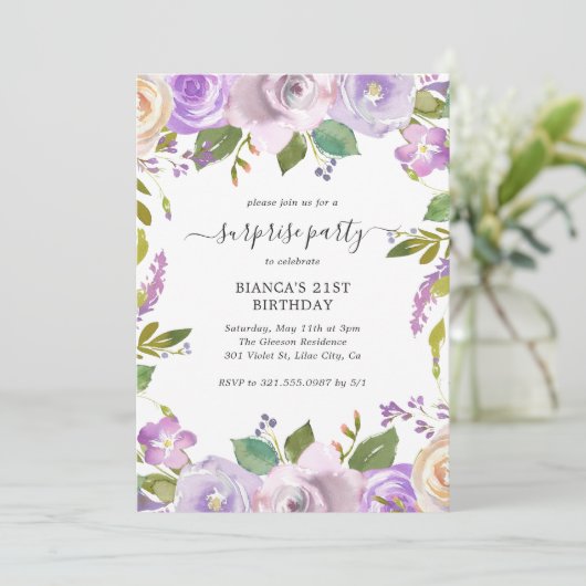 パープルエレガントフローラサプライズ誕生日パーティー 招待状 (スタンド正面)