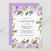 パープルエレガントフローラサプライズ誕生日パーティー 招待状 (正面/裏面)