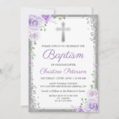 パープルエレガントフローラシルバーグリッターガールバプテスマ 招待状 (正面)