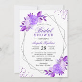 パープルエレガントフローラシルバーフレームブライダルシャワー 招待状 (正面)