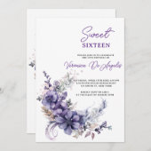 パープルエレガントフローラスウィート16誕生日ヴィンテージ 招待状 (正面/裏面)