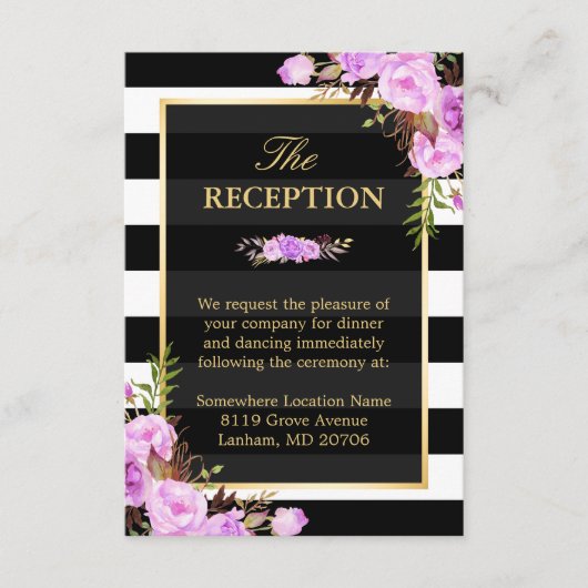 パープルエレガントフローラストライプウェディングレセプション エンクロージャーカード (正面)