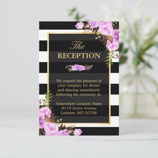 パープルエレガントフローラストライプウェディングレセプション エンクロージャーカード (スタンド正面)