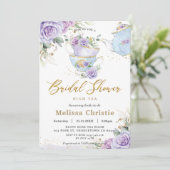 パープルエレガントフローラハイティーパーティーブライダルシャワー 招待状 (スタンド正面)