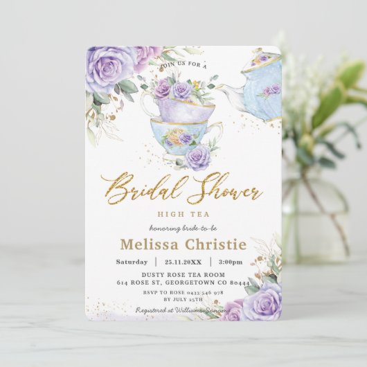 パープルエレガントフローラハイティーパーティーブライダルシャワー 招待状 (スタンド正面)
