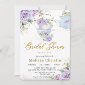 パープルエレガントフローラハイティーパーティーブライダルシャワー 招待状 (正面)