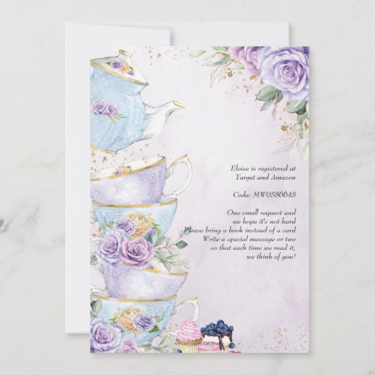 パープルエレガントフローラハイティーパーティー赤ちゃんシャワー 招待状 (裏面)