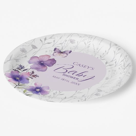 パープルエレガントフローラバタフライガールベビーシャワー ペーパープレート (アングル)