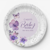 パープルエレガントフローラバタフライガールベビーシャワー ペーパープレート (正面)