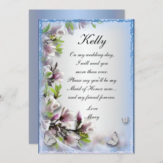 パープルエレガントフローラバタフライメイド・オブ・オーナー（花嫁付き添い人）カード 招待状 (正面/裏面)