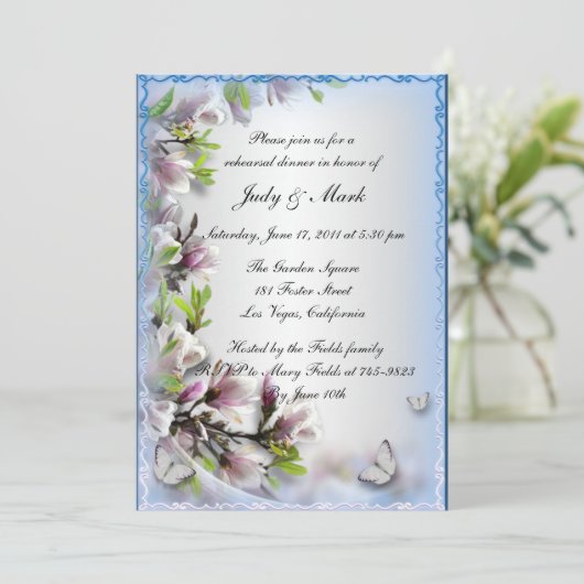 パープルエレガントフローラバタフライリハーサルディナー 招待状 (スタンド正面)
