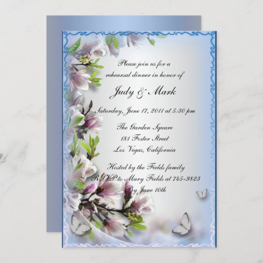 パープルエレガントフローラバタフライリハーサルディナー 招待状 (正面/裏面)