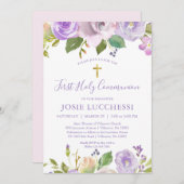 パープルエレガントフローラバプテスマ招待状 招待状 (正面/裏面)