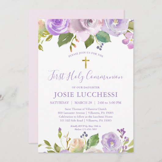 パープルエレガントフローラバプテスマ招待状 招待状 (正面/裏面)