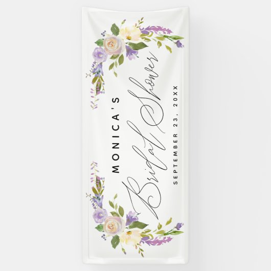 パープルエレガントフローラパーソナライズされたブライダルシャワー 横断幕 (縦)