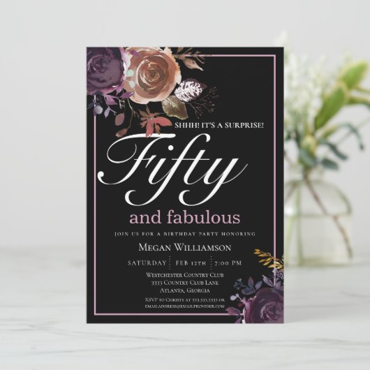 パープルエレガントフローラフィフティと素晴らしい誕生日 招待状 (スタンド正面)