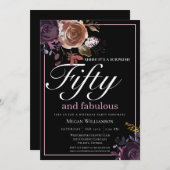 パープルエレガントフローラフィフティと素晴らしい誕生日 招待状 (正面/裏面)