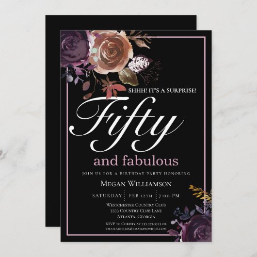 パープルエレガントフローラフィフティと素晴らしい誕生日 招待状 (正面/裏面)