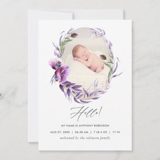 パープルエレガントフローラフォトベビー 案内状 (正面)