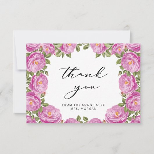 パープルエレガントフローラブライダルシャワーありがとう カード (正面)