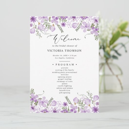 パープルエレガントフローラブライダルシャワープログラム 招待状 (スタンド正面)