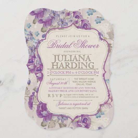 パープルエレガントフローラブライダルシャワー招待 招待状 (正面/裏面)