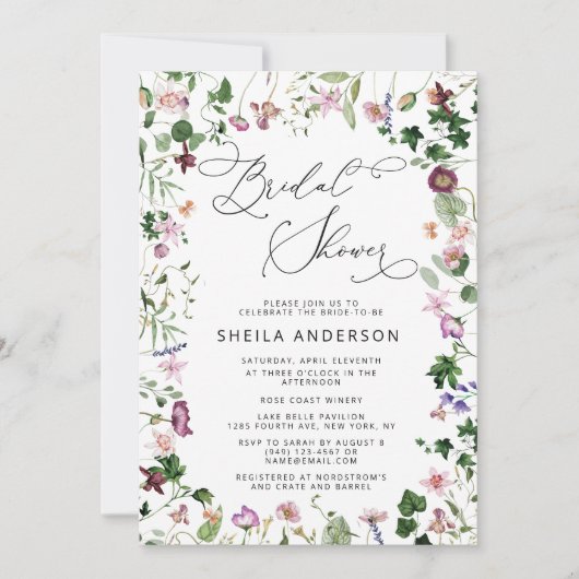パープルエレガントフローラブライダルシャワー招待 招待状 (正面)