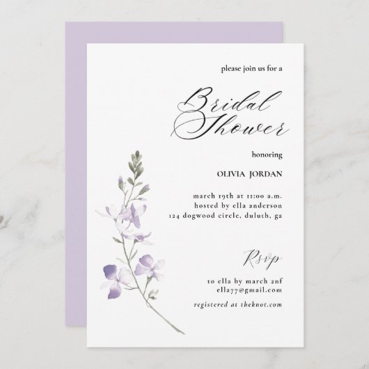 パープルエレガントフローラブライダルシャワー招待 招待状 (正面/裏面)