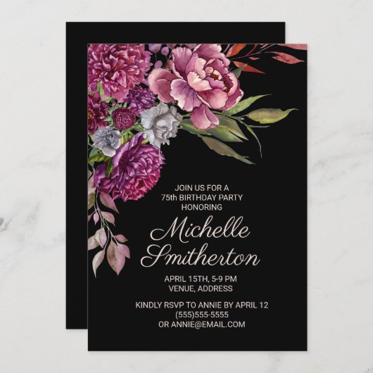 パープルエレガントフローラブラック75誕生日 招待状 (正面/裏面)