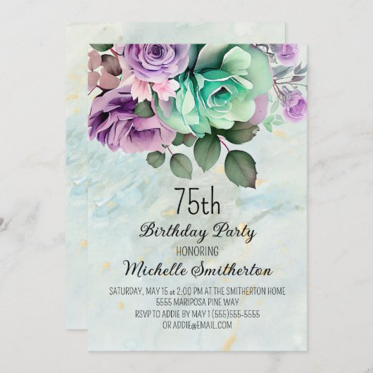 パープルエレガントフローラミントグリーン75誕生日 招待状 (正面/裏面)