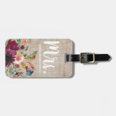 パープルエレガントフローラモノグラム素朴ベージュリネン ラゲッジタグ (正面横)