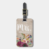 パープルエレガントフローラモノグラム素朴ベージュリネン ラゲッジタグ (正面縦)