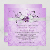 パープルエレガントフローラリボンダマスクウェディング招待状 招待状 (正面/裏面)