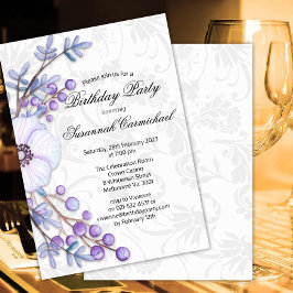 パープルエレガントフローラリースダマスク誕生日 招待状