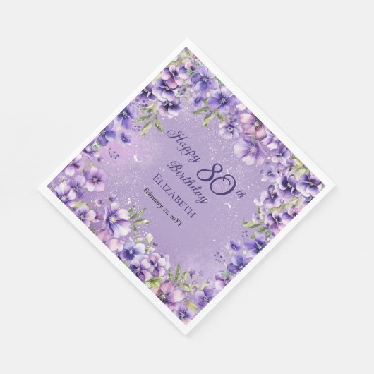 パープルエレガントフローラヴィオレット80thバースデーパーティー スタンダードランチョンナプキン (角)