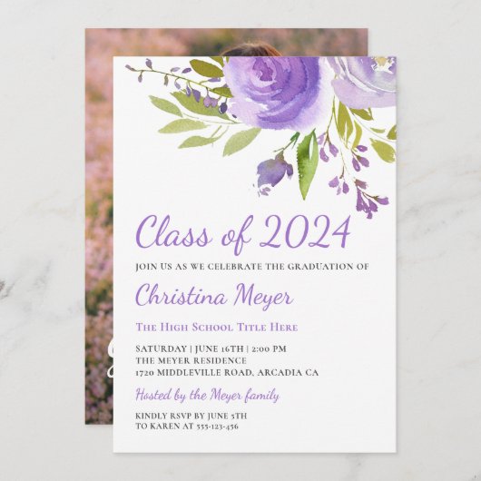 パープルエレガントフローラ卒業パーティーの写真 招待状 (正面/裏面)