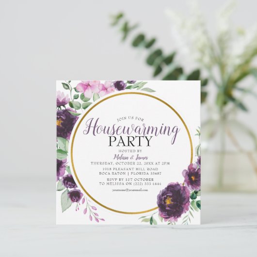 パープルエレガントフローラ引っ越し祝いパーティーパーティー 招待状 (スタンド正面)