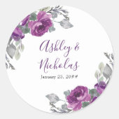 パープルエレガントフローラ新郎新婦の名前 ラウンドシール (正面)