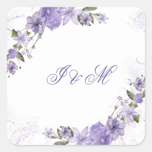 パープルエレガントフローラ結婚式招待状 スクエアシール (正面)