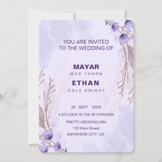 パープルエレガントフローラ結婚式招待状 招待状 (正面)
