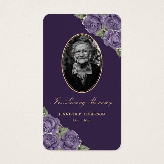 パープルエレガントフローラ葬儀祈りの言葉カード (正面)