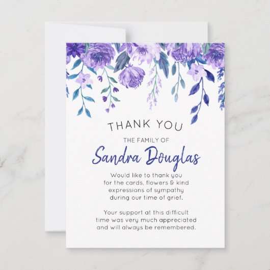 パープルエレガントフローラ葬儀記念ありがとう サンキューカード (正面)