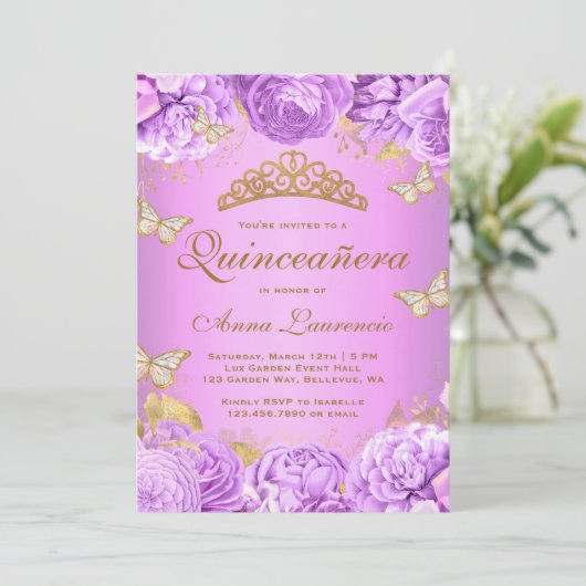 パープルエレガントフローラ蝶キンセアニェラ 招待状 (スタンド正面)
