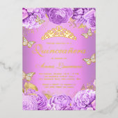 パープルエレガントフローラ蝶キンセアニェラ 箔招待状 (正面)