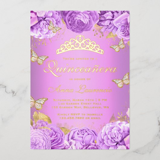 パープルエレガントフローラ蝶キンセアニェラ 箔招待状 (正面)